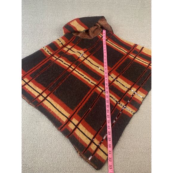 Chicos Poncho Sweater Cowl Neck Plaid Shine Camel Sequin Holiday Size S/M - Picture 9 of 9